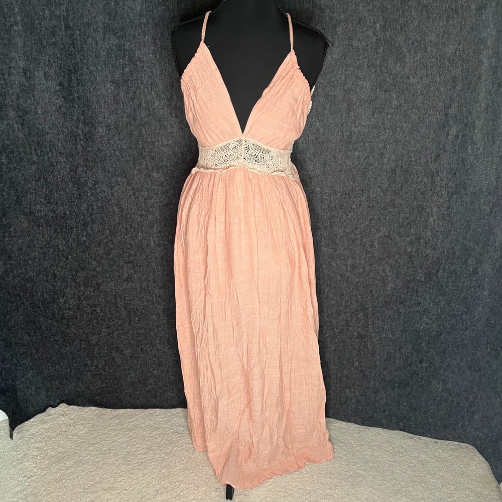 Forever 21 Contemporary Peach Crochet Lace Backless Maxi Dress XS Boho Tassels